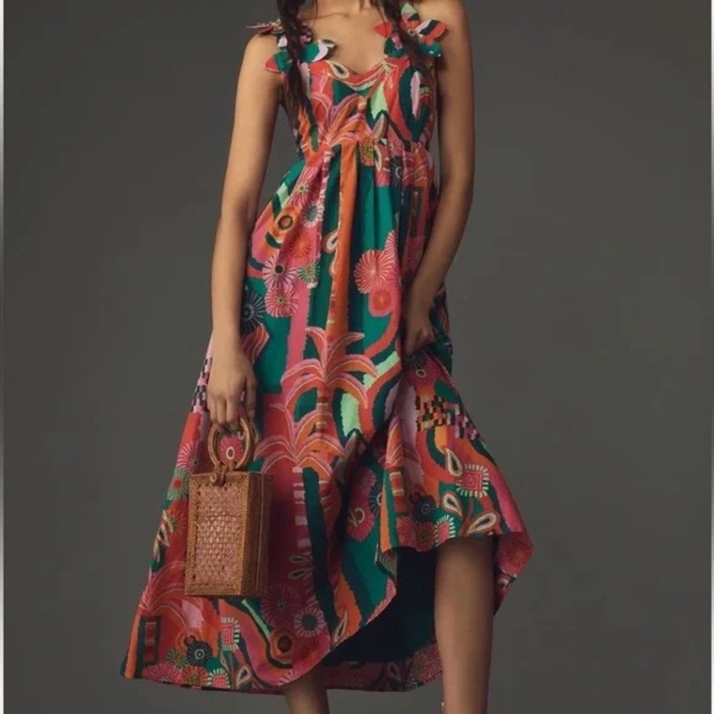 FARM Rio Green Floral High-Low Maxi Dress with Pink & Orange Accents